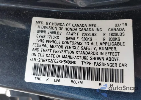 2019 Honda Civic Lx z USA, uszkodzony, nr VIN 2HGFC2F63KH549040